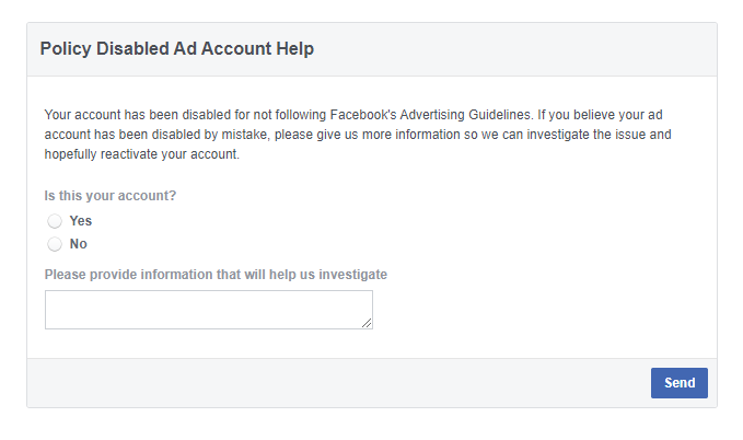 Facebook Disabled Ad Account Review Form