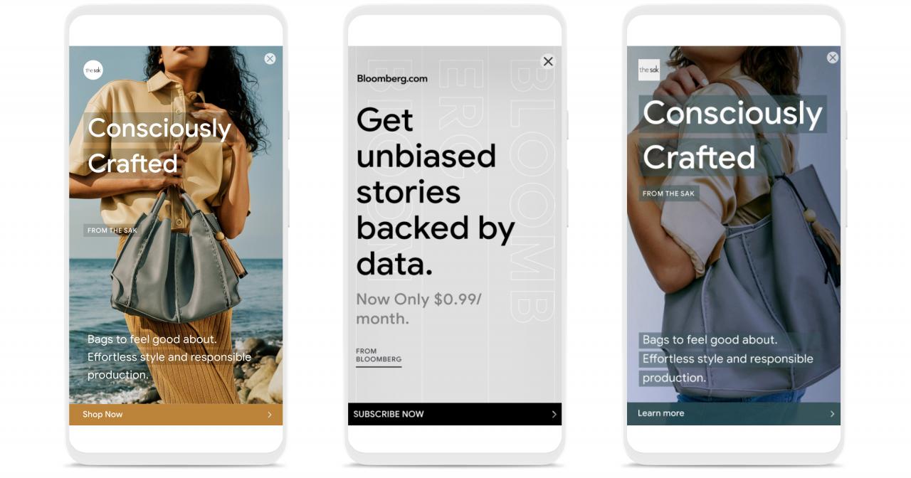 Three examples of the new responsive display ads on a mobile phone